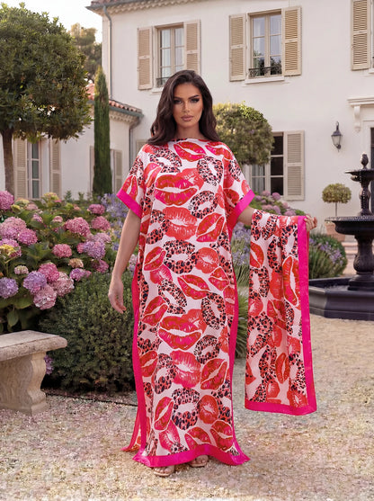 Bold Lip Print Leopard Mixed Satin Abaya Scarf Set, Loose Batwing Maxi Kaftan For Muslim Women Summer Beach Holiday Wear