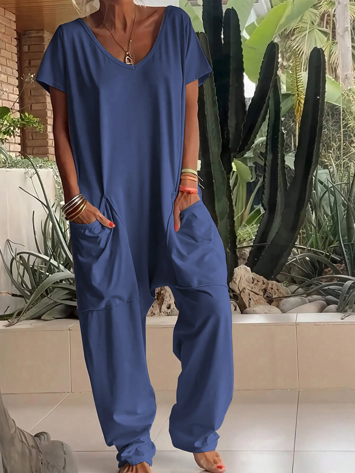 Women Summer Solid V Neck Jumpsuit European Hot Oversized Pockets Low Crotch Loose Rompers Ladies Casual Daily Outfit