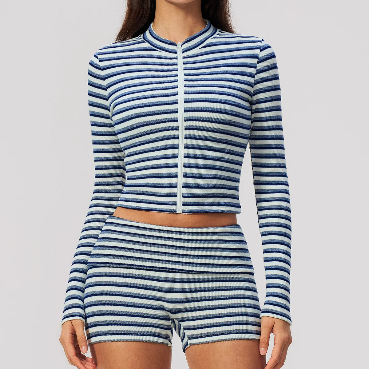 Women 2/3pcs Yoga Set Gym Clothing Fitness Suit Workout Tracksuit Outfits Ribbed Striped Strapless Tube Top Zipper Long Sleeve
