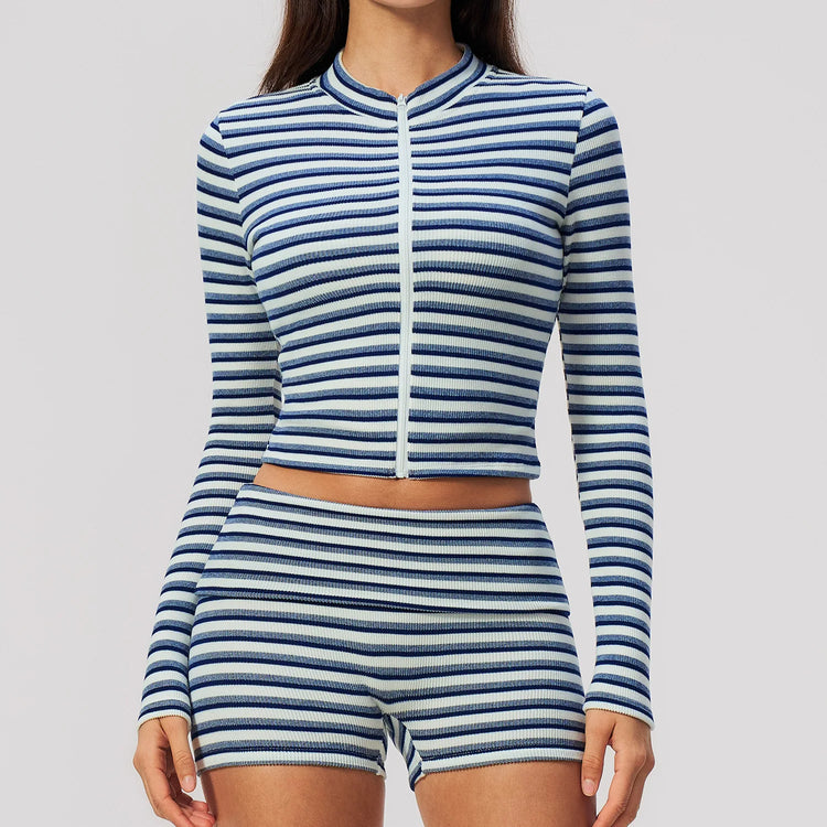 Women 2/3pcs Yoga Set Gym Clothing Fitness Suit Workout Tracksuit Outfits Ribbed Striped Strapless Tube Top Zipper Long Sleeve