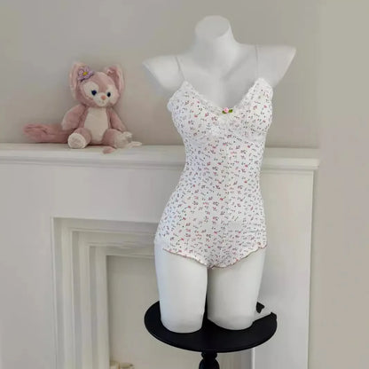 Summer Onesies Women Sexy Floral Print Bodysuit Lace Trim Sleeveless Slim Fit Jumpsuit Romper Underwear Nightwear Lingerie
