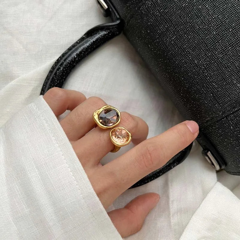 Vintage Brown Crystal Elliptical Open Rings For Women Luxury Rhinestone Contrasting Geometric Adjustable Finger Ring Jewelry