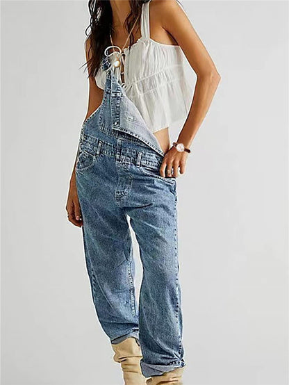 Fashion Denim Overalls for Women Loose Fit Classic Bib Casual Jean Stretchy Denim Overall Jumpsuit Tapered Leg Jean Pants