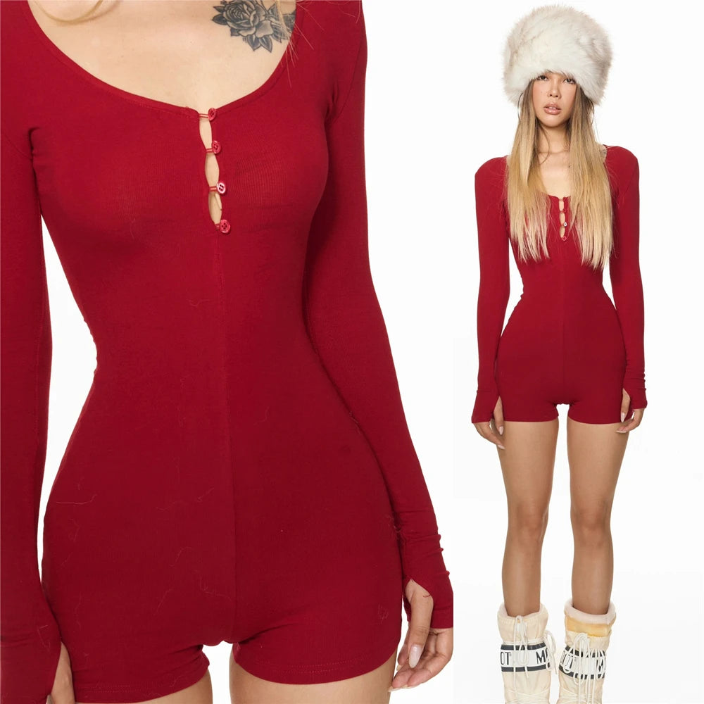 Women Yoga Playsuits Long Sleeve Buttons Jumpsuits Solid Color Slim Fit Stretch One Piece Short Romper Sexy Ladie Thumb Clasp
