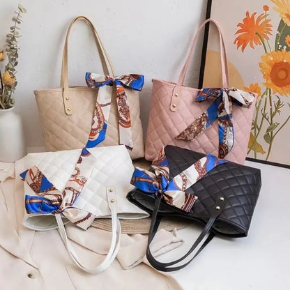 Trendy Large Capacity Embroidery Bag with Scarf Tote Bag Shoulder Bags PU Bucket Bag For Women
