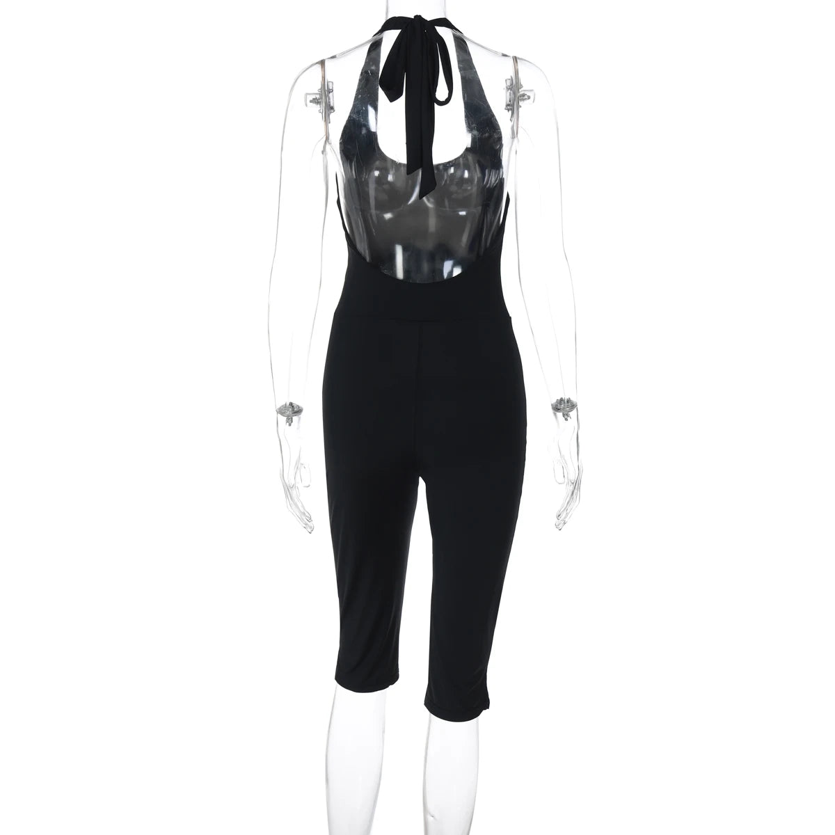 Hugcitar Halter Square Collar Black Sexy Backless Bandage Slit Skinny Playsuit Fashion Women One Piece Romper Streetwear Fitness