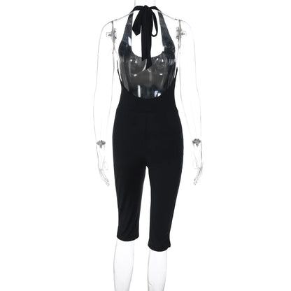 Hugcitar Halter Square Collar Black Sexy Backless Bandage Slit Skinny Playsuit Fashion Women One Piece Romper Streetwear Fitness