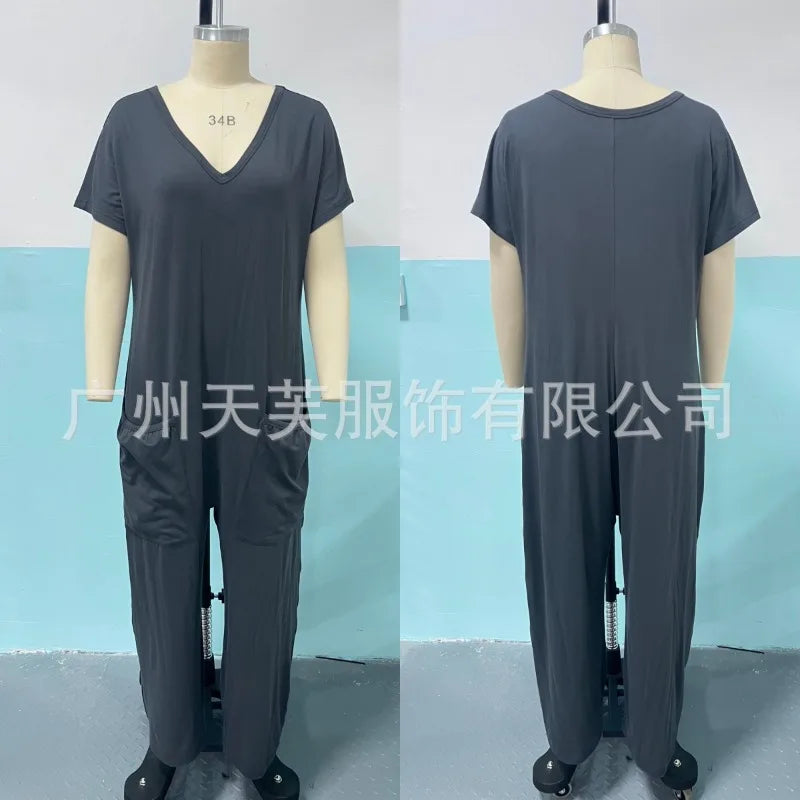 Women Summer Solid V Neck Jumpsuit European Hot Oversized Pockets Low Crotch Loose Rompers Ladies Casual Daily Outfit
