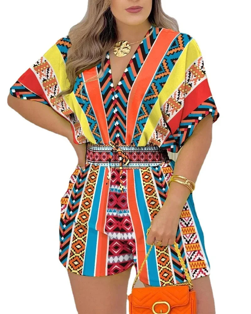 Rompers Elegant Women Short Sleeves Jumpsuits 2024 Summer Female Overalls Loose Casual Print Waist Wrapped One Piece Shorts