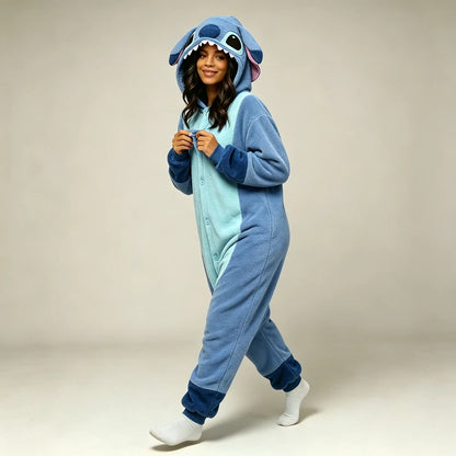 Soft Polar Fleece Stitch Hooded One Piece Pajamas Unisex Button Closure Long Sleeve Loose Onesie Nightwear Indoor Loungewears