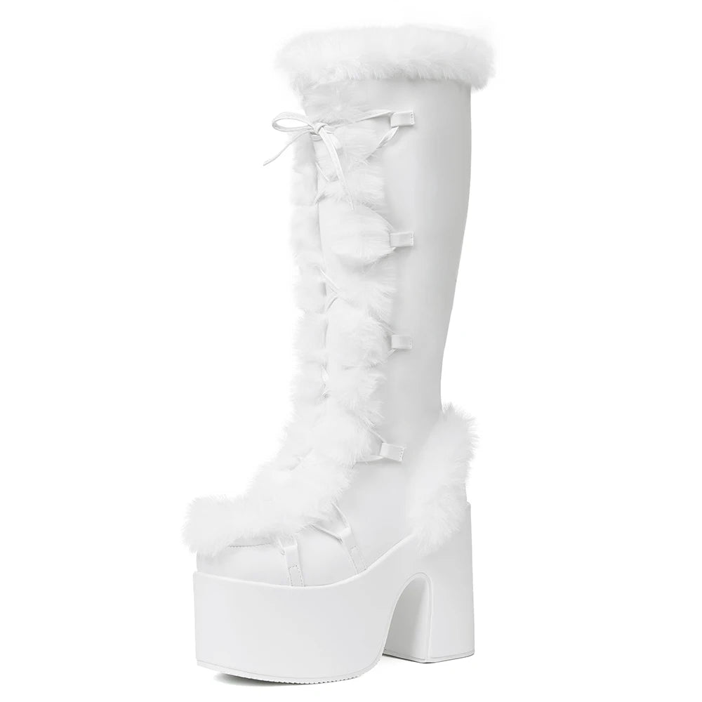 Women's Faux Fur Trim Platform Knee High Boots, Y2K Goth Lace Up Chunky Heel Tall Winter Boots, Suede Warm Cosplay Lolita Combat Snow Boots for Party Daily Wear