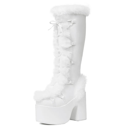 Women's Faux Fur Trim Platform Knee High Boots, Y2K Goth Lace Up Chunky Heel Tall Winter Boots, Suede Warm Cosplay Lolita Combat Snow Boots for Party Daily Wear
