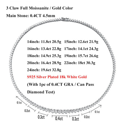 EWYA 3 Claw 0.4CT 4.5mm Gradient Full D Color Moissanite Diamond Tennis Necklace for Women 925 Silver GRA Certified Neck Chain