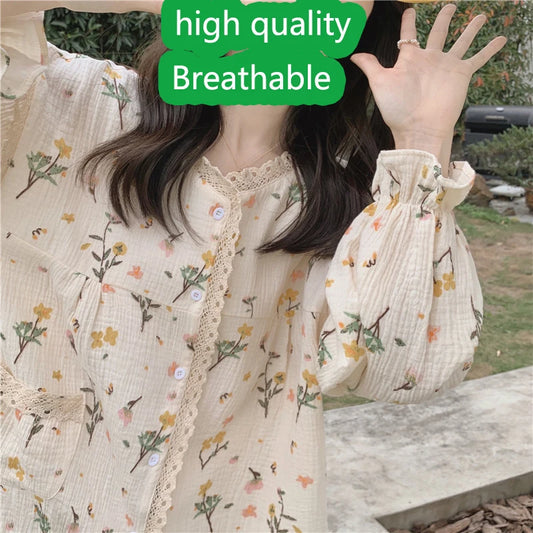 Girl Pajamas Sweet Cute Little Bouquet Printed Bubble Cotton Nightgown Lace Loungewear Princess Wind Women Homewear Dress