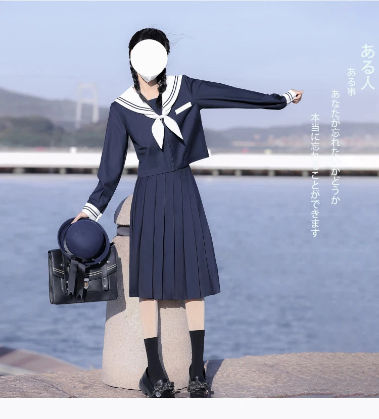 65cm longuette JK Uniform Sets Japanese Women girls uniform dark blue Short/long Sleeve School Uniforms Sailor Pleated Skirt