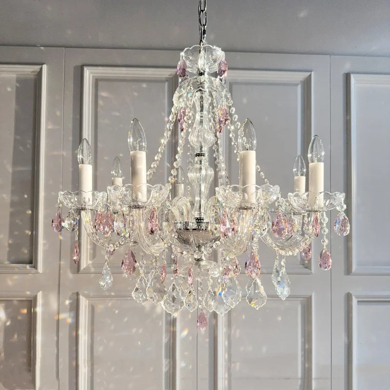 French Romantic Crysatl Candle Chandelier Luxury Glass Pink E14 Pendant Lights Living Room Art Decor Led Lamparas Bedroom Lamp