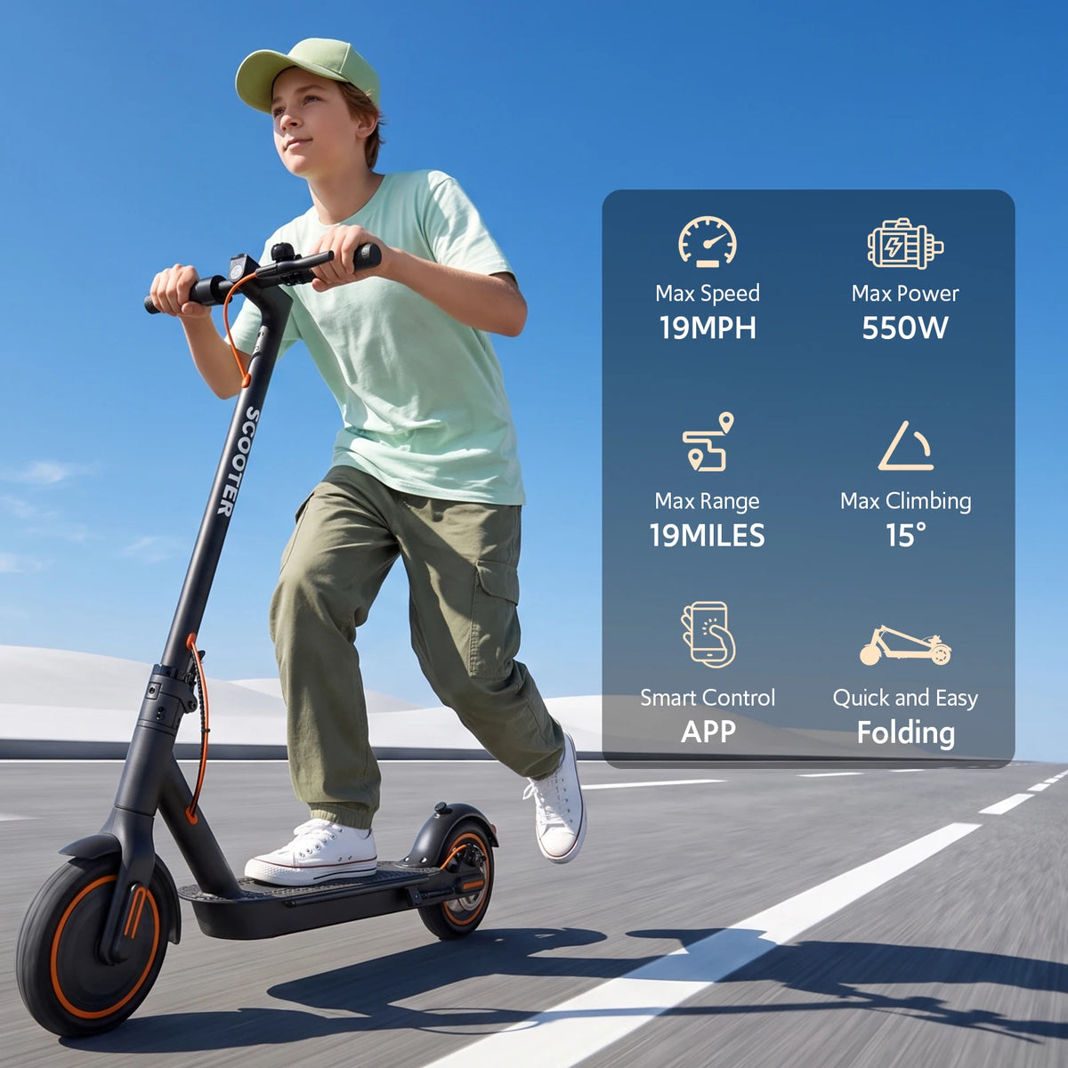 Electric Scooter Adults, Folding E Scooter with Built in Side Light, Max 19MPH, 12-19Miles Range, 550W Powerful Motor