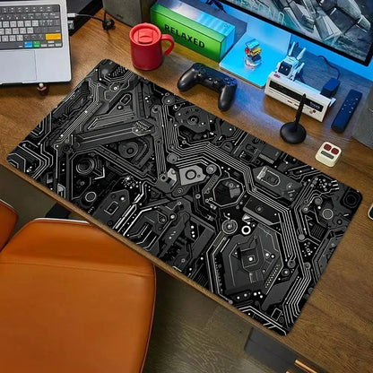 Black Circuit Print XXL 90x40 Gaming Mousepad Desk Mat Anti-slip Rubber Base Stitched Edge for Gamers Office Home Daily Use