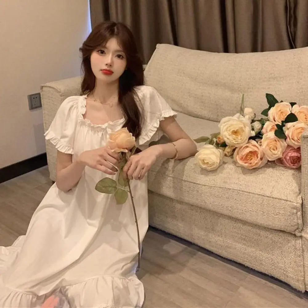Casual Bowknot Women's Pajama Dress Short Sleeve Loose Ruffle Nightdress Home Wear Sleepwear Princess Nightgown Female