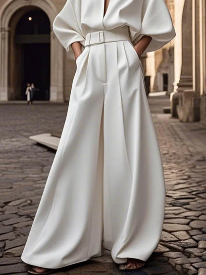 2026 Women Luxury Minimalist Jumpsuit Women's Jumpsuits And Rompers Jumpsuits V Neck Puff Sleeve High Waist Wide Leg Outfits