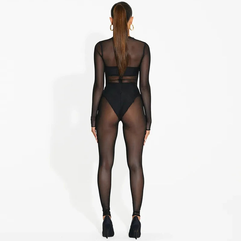 Hugcitar Mesh Long Sleeve Black Zip Up See Through Sheer Sexy Bodycon Jumpsuit 2025 Summer Women Romper Beach Festival Club Y2K