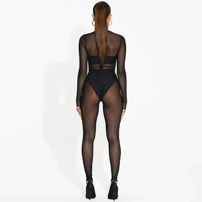 Hugcitar Mesh Long Sleeve Black Zip Up See Through Sheer Sexy Bodycon Jumpsuit 2025 Summer Women Romper Beach Festival Club Y2K