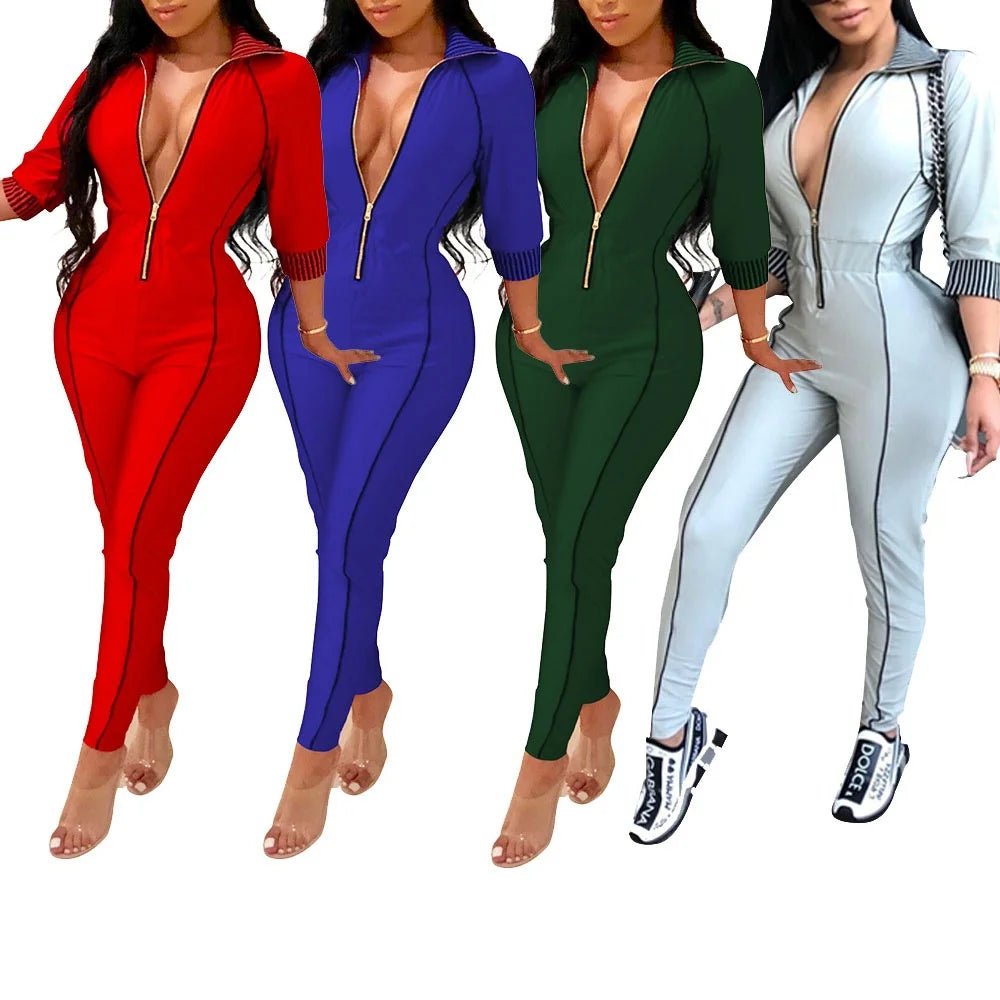 Sexy Front Zipper Casual Jumpsuit Rompers for Women Turtleneck Long Sleeve Skinny Fitness Overalls Grey One Piece Outfits Female