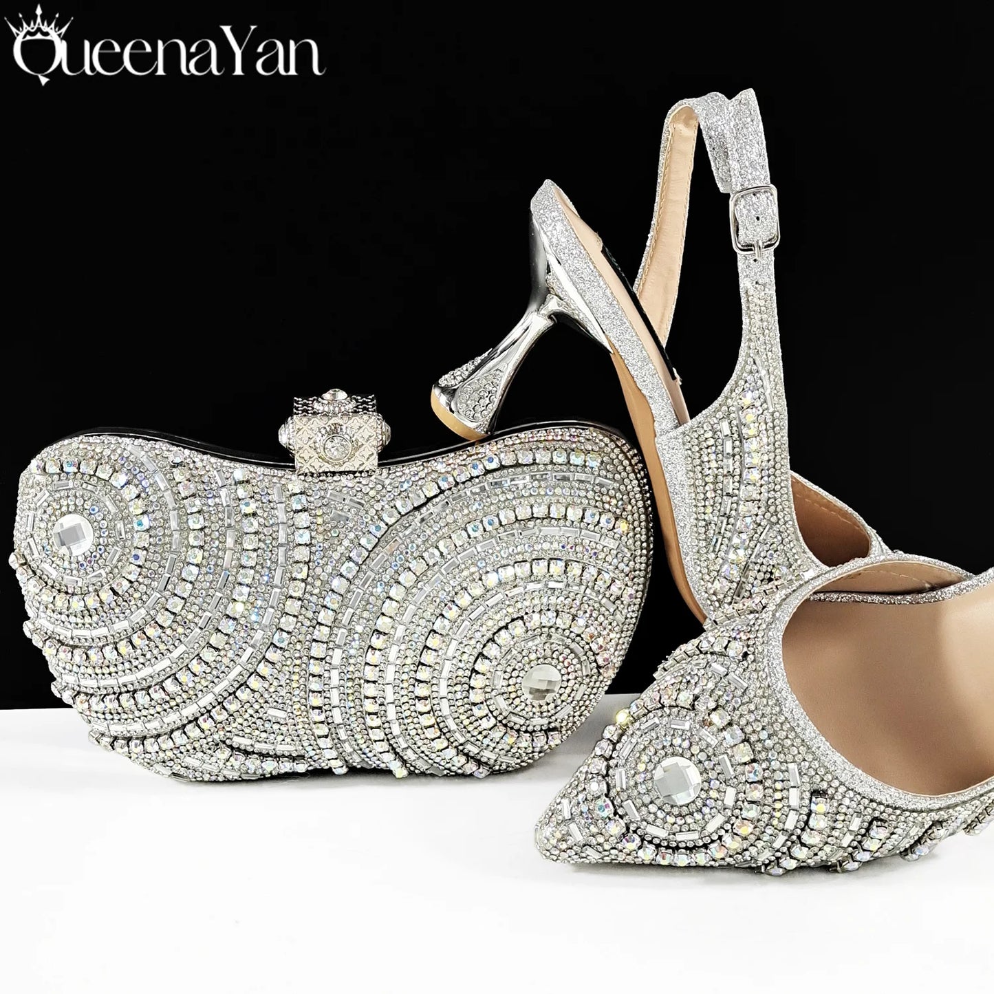 Queena Yan High-end Matching Women's Shoes with Diamond Hard Box Bag Popular in Nigeria Party Women's High Heels