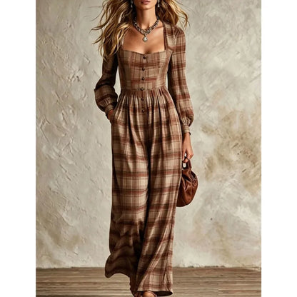 Retro Plaid Print Jumpsuit Square Neck Long Sleeve Jumpsuit Autumn New Waist Single Breasted Pocket Wide Leg Female Rompers 2026
