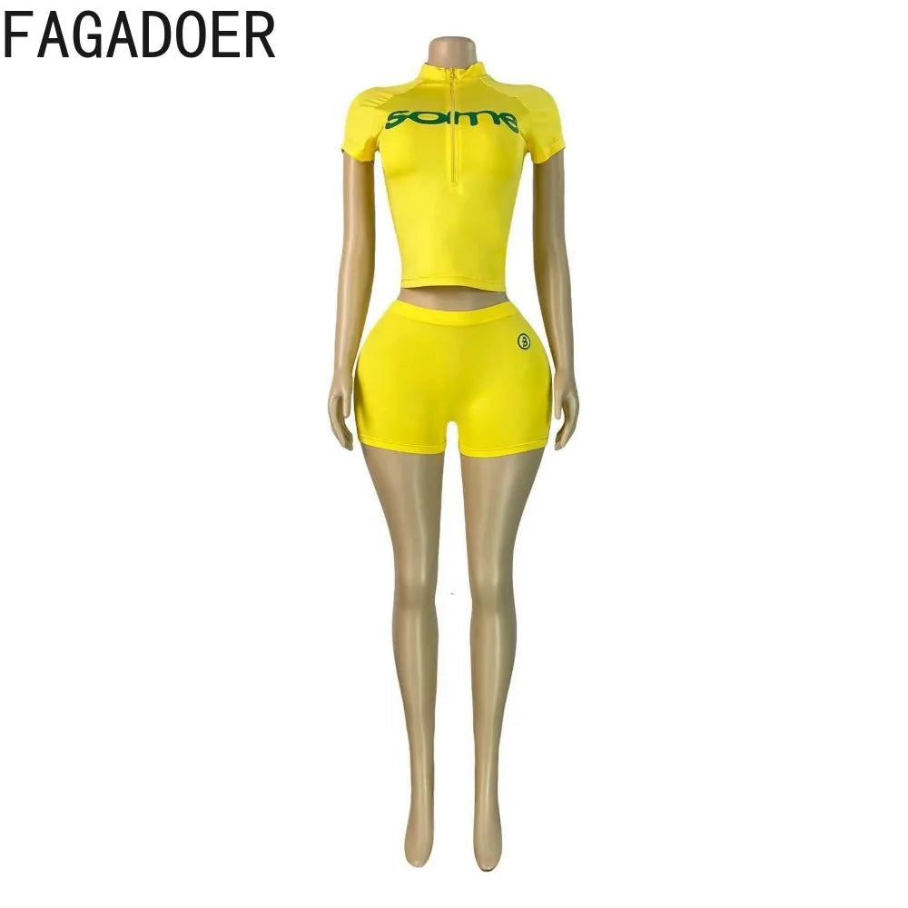 FAGADOER Fashion Letter Print Shorts 2 Piece Suits Casual Zipper Stand Collar Crop Top + Bodycon Shorts Outfits Streetwear Sets
