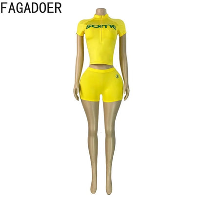 FAGADOER Fashion Letter Print Shorts 2 Piece Suits Casual Zipper Stand Collar Crop Top + Bodycon Shorts Outfits Streetwear Sets