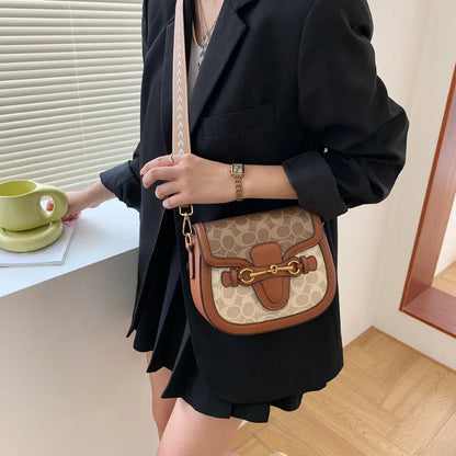 Women Retro Print Saddle Crossbody Bag Luxury Horse Bit Buckle Small Shoulder Bag Fashion PU Leather Ladies Daily Handbag