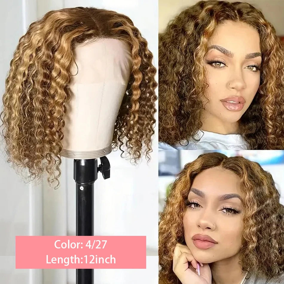 4/27 Highlight Short Bob Deep Water Wave 13x4 Lace Front Wigs 100% Human Hair Honey Blonde Ombre Colored Curly Lace Frontal Wig