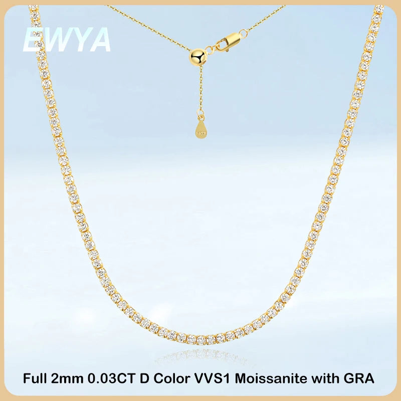 EWYA Adjustable Full 2mm 0.03CT D Color Moissanite Tennis Necklace for Women 925 Silver Plated 18K Gold Choker Neck Chain Gift
