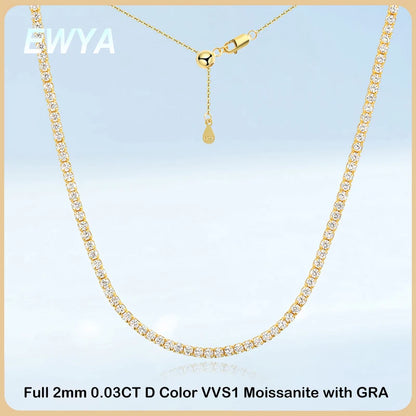 EWYA Adjustable Full 2mm 0.03CT D Color Moissanite Tennis Necklace for Women 925 Silver Plated 18K Gold Choker Neck Chain Gift