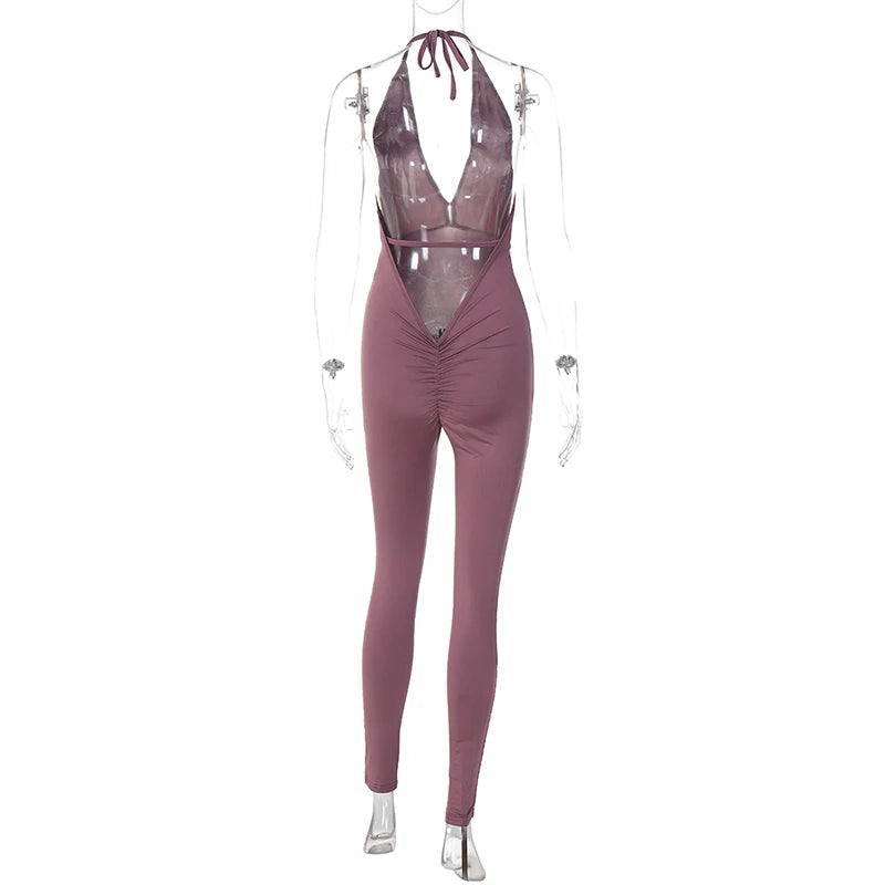 DGLUKE Halter Neck Backless Sexy Bodysuit Jumpsuits For Women Deep V-Neck Push Up Sports Jumpsuit Overalls Tight Summer Playsuit