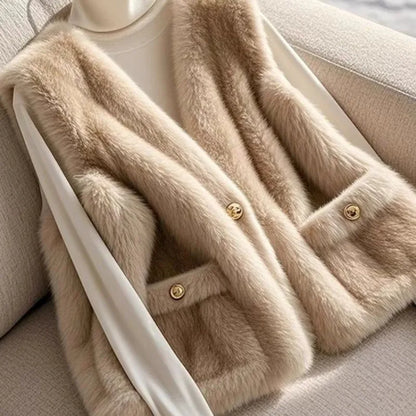 Women Faux Lamb's Wool Fur Vest New Autumn Winter Soft Warm Imitation Mink Sleeveless Fur Jacket Lady V-Neck Casual Waistcoat