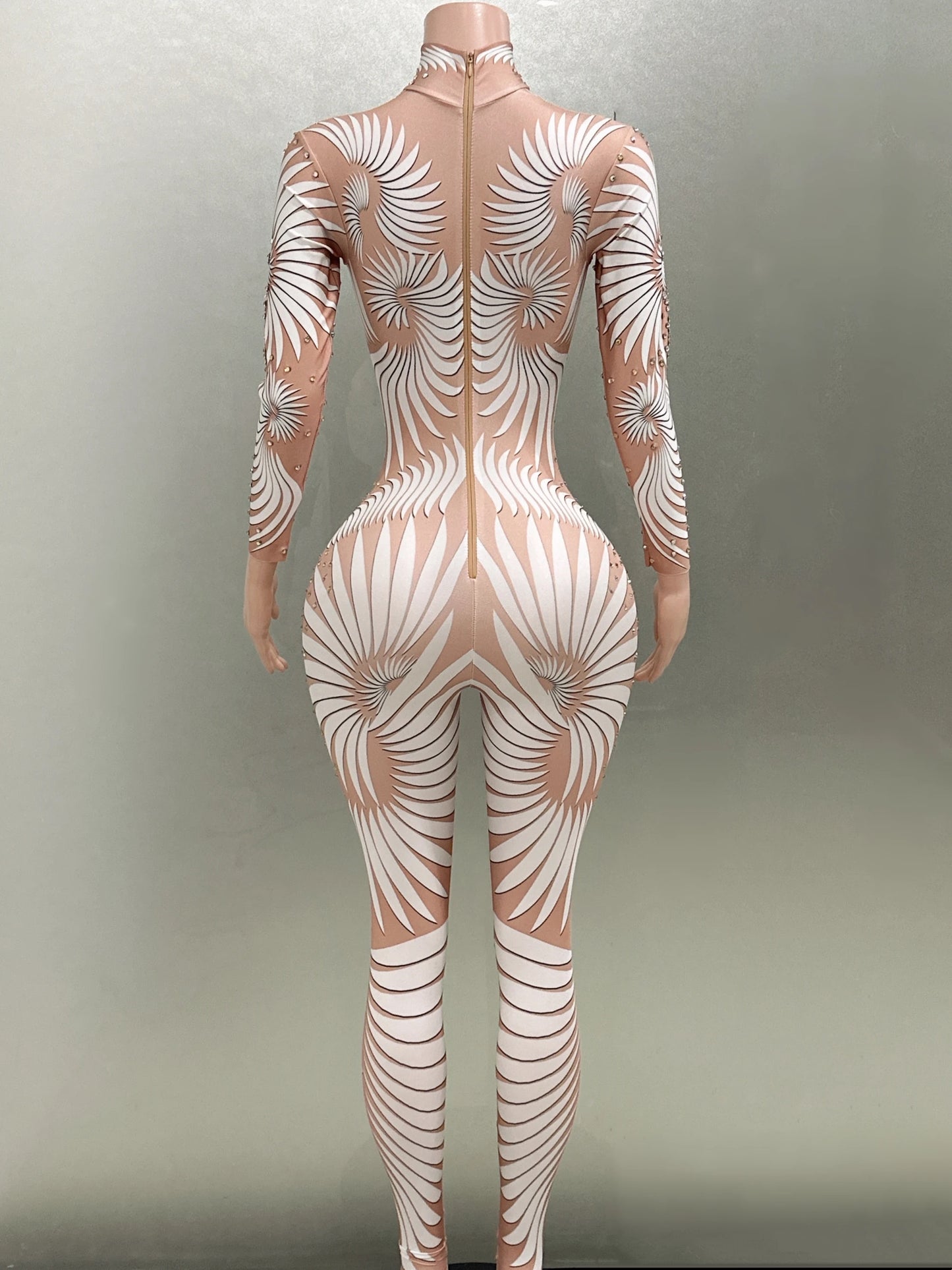 White Printing Shinning Diamonds Sexy Elastic Sheath Long Jumpsuit Evening Party Performance Bar DJ Nightclub Singer Stage Wear