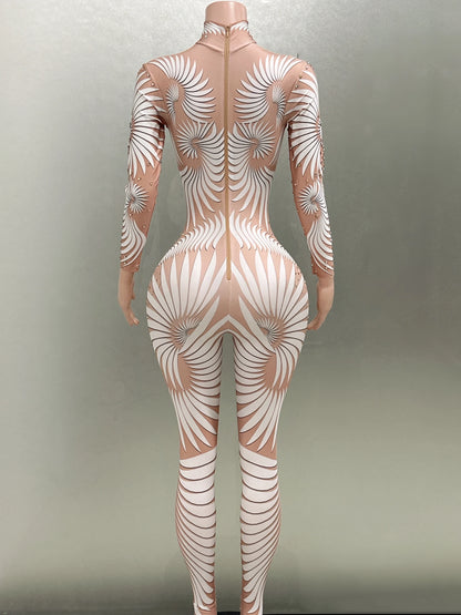 White Printing Shinning Diamonds Sexy Elastic Sheath Long Jumpsuit Evening Party Performance Bar DJ Nightclub Singer Stage Wear