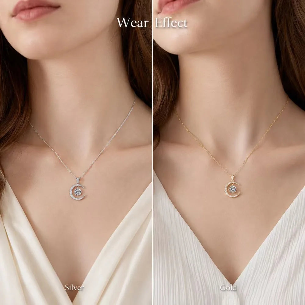 S925 Sterling Silver Moissanite Crescent Moon Necklace Dancing Stone Pendant Gold Silver Tone Fine Jewelry Gift for Women