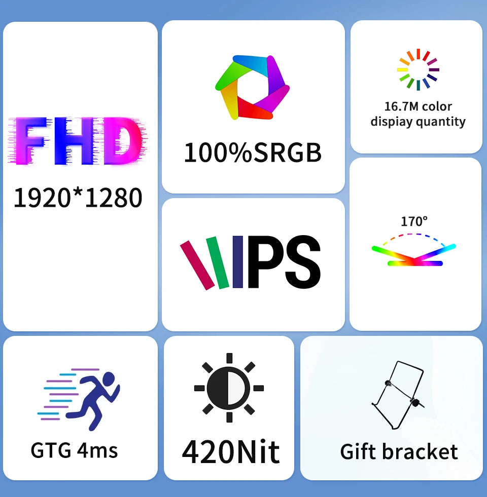 HGFRTEE 10.5 inch Portable Monitor 420Cd/m ² FHD 1280P 100% SRGB Laptop Second Screen For Mac Xbox PS4/5 Switch