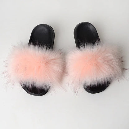 Women's Summer Faux Fur Fox Fur Slippers Fashion Luxury Indoor and Outdoor Non-Slip Solid Color Flat Bottom Furry Sandals
