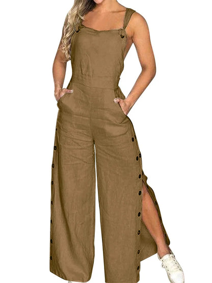 Wmstar Jumpsuit Women Clothing Slip Sleeve Romper Button Side Slip Hem New in Fall Fashion Pockets Pants Wholesale Dropshipping