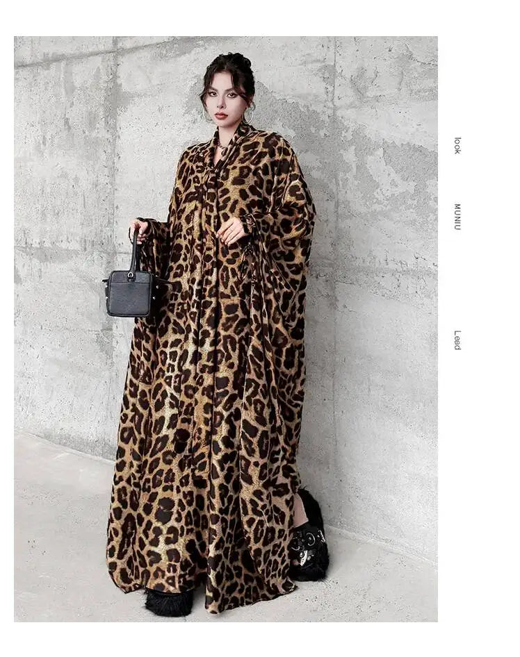 Leopard Print Loose Bat-sleeve Dress Women Summer Stand-up Collar Tie-waist Oversize Slimming Casual Long Dress XY420