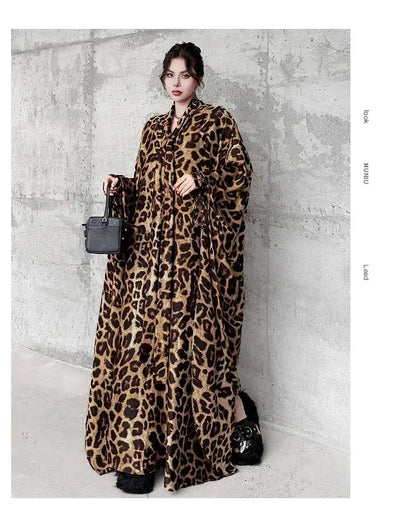 Leopard Print Loose Bat-sleeve Dress Women Summer Stand-up Collar Tie-waist Oversize Slimming Casual Long Dress XY420