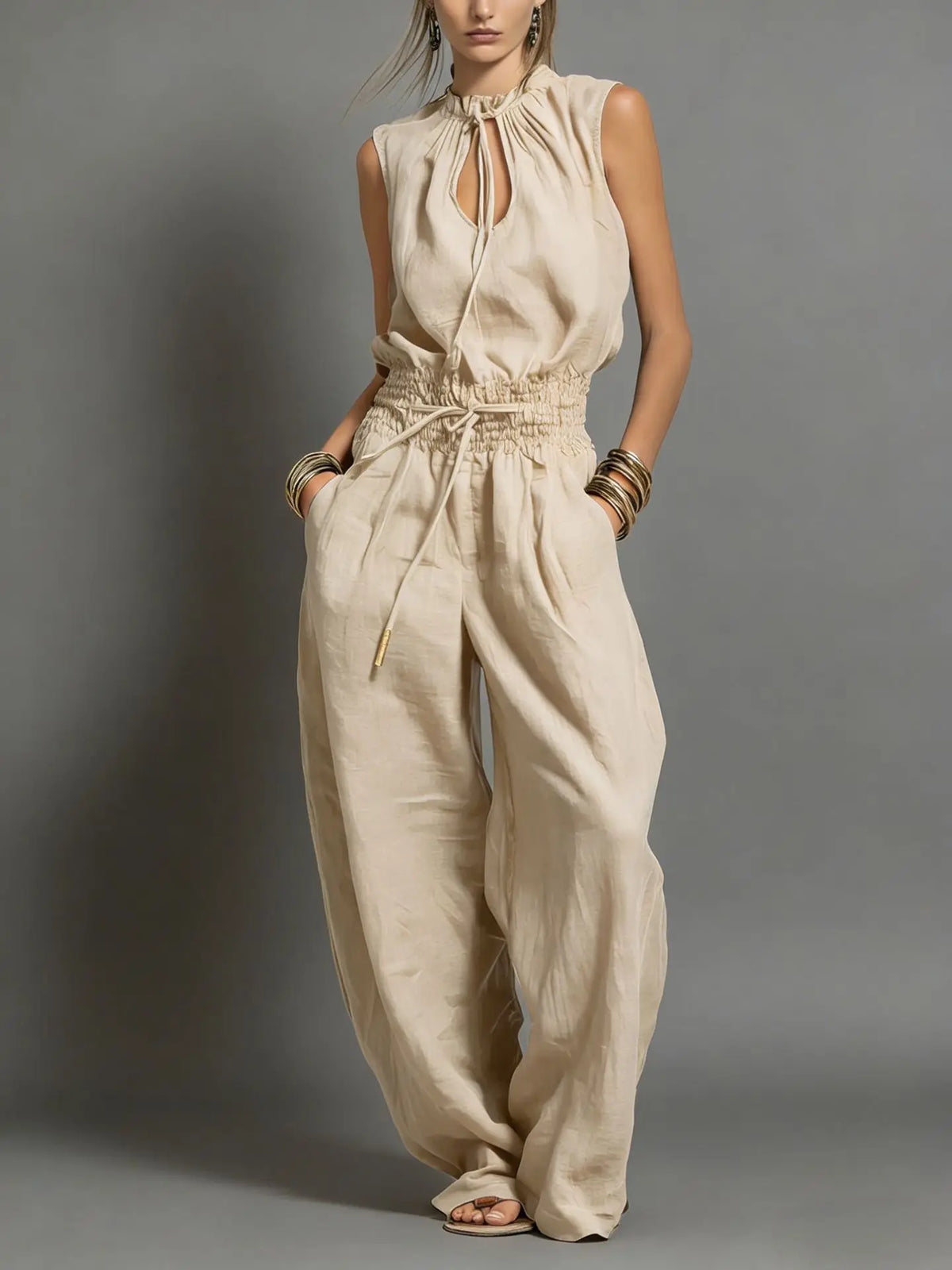 Summer Fashion Elastic Waisted Wide Leg Jumpsuit Women's Sleeveless Sexy Deep V-Neck Lace-up Loose Pockets Female Rompers 2026