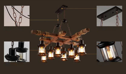 8 Lights Retro Wood Pendant Lights 8 Head Vintage Industrial Loft Glass Iron LED Chandelier Suspension Lamp Wooden Droplight