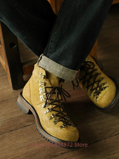 Man American Retro Round Toe Genuine Leather Sewing Ankle Boots Men's Shoes Western Desert Outdoor Motorcycle Boots Oxfords