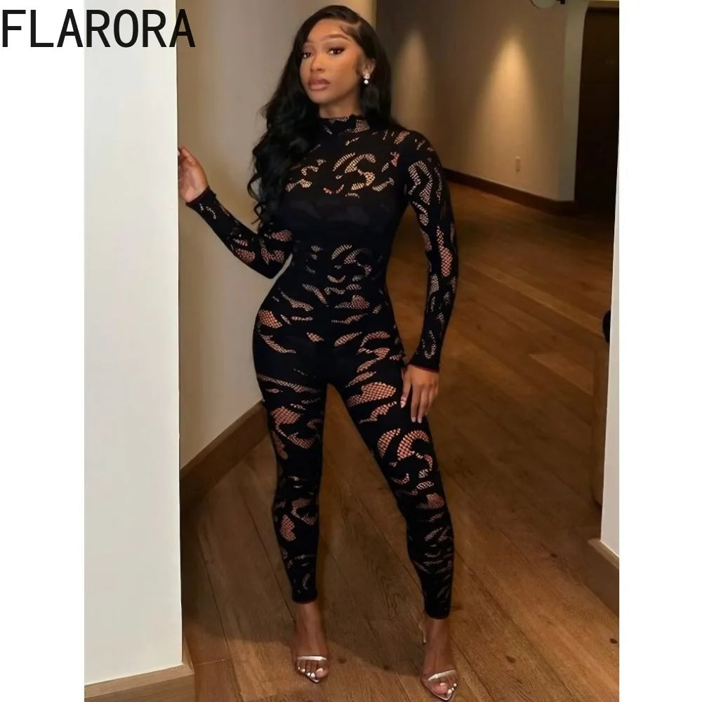 FLARORA Sexy Lace See Through Patchwork Jumpsuits Woman Round Neck Full Sleeve Bodycon Peach Hip Hottie Stretch Street Clubwear