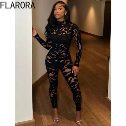 FLARORA Sexy Lace See Through Patchwork Jumpsuits Woman Round Neck Full Sleeve Bodycon Peach Hip Hottie Stretch Street Clubwear